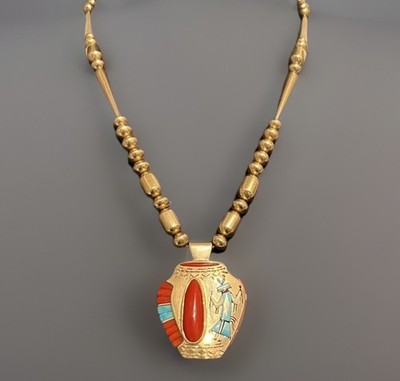JAKE LIVINGSTON 14k Navajo Pearls NECKLACE with RED MED CORAL and YEI INLAY