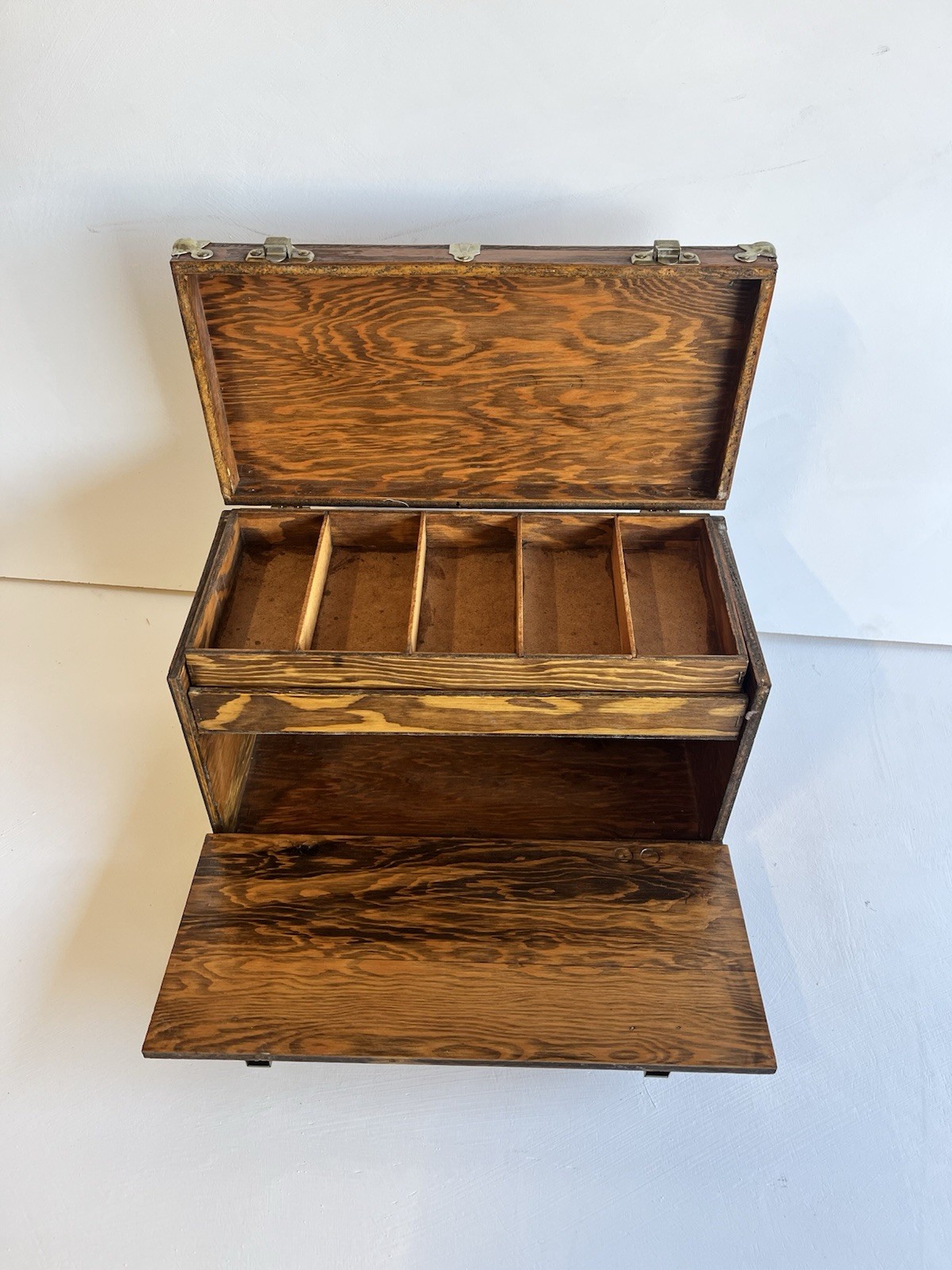 Vintage Oak Wooden Tool Chest Drop Front Storage Box Metal Corners Tray Handles
