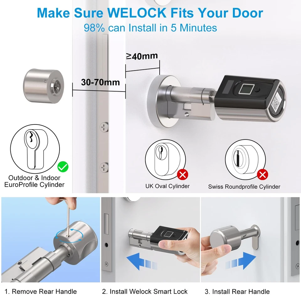 WELOCK SECBN51 Serratura smart Serratura Impronta Digitale con scheda RFID APP - Immagine 3 di 4