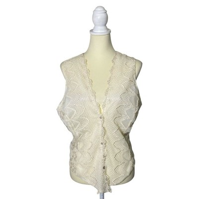 Vintage 80's ICE Off White Lace Button Up Tie Back Vest Women's Size Large