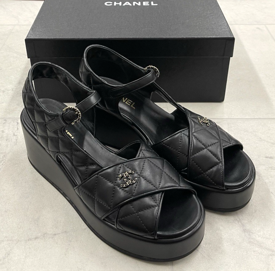 New Chanel Quilted Leather Wedge Platform Sandal In Black Size: 41.5 (US 11)
