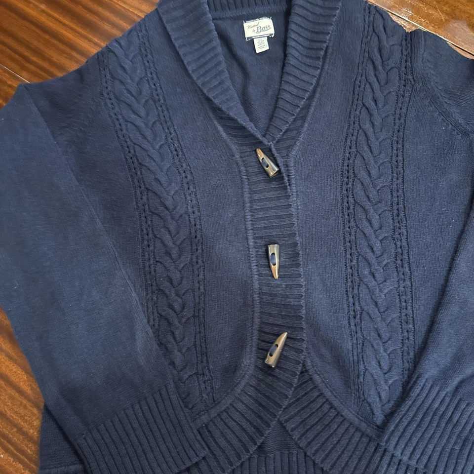GH Bass Knitted Sweater Vintage XL Toggle Cardigan Cable Knit Fisherman Navy - Image 3 of 4