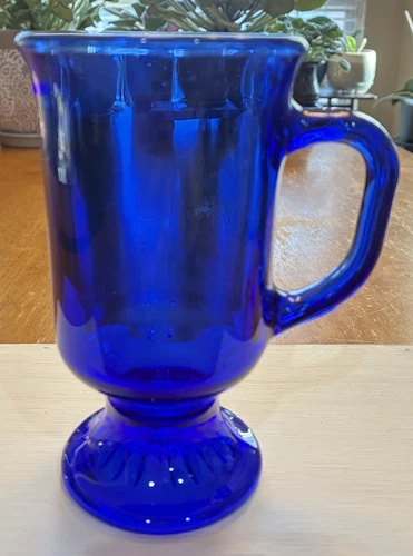 Vintage Anchor Hocking Cobalt Blue Glass Pedestal Skinny Mug Cup
