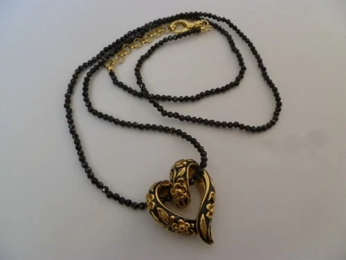 Bellezza Black Spinel Gold Tone, Black Openwork Floral Heart Pendant Necklace video thumbnail
