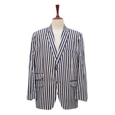 Mens 46R Striped Blazer Sport Coat Blue Cream Cotton Bold Stripe Summer Party