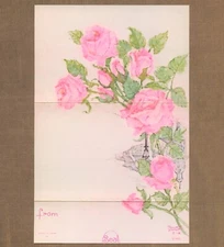 Unused Vintage Famous Artists' Studios Postalette, Pink Roses Art Sketch Flowers