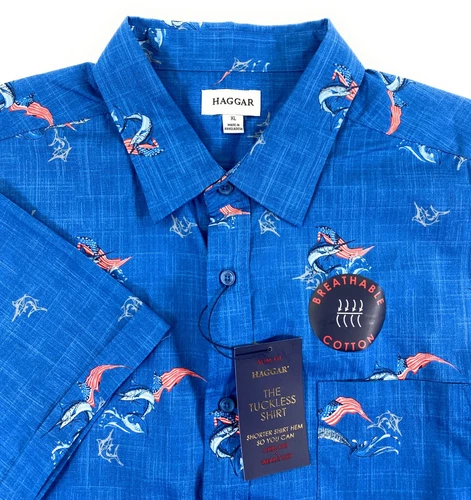 NWT Haggar Men's Slim Fit Tuckless Short Sleeve Blue Billfish Flag Print XL