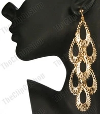 CLIP ON huge 5"long GOLD PLATED BIG CHANDELIER EARRINGS boho metal teardrops