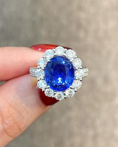 Natürlicher blauer Saphir & Diamant-Verlobungsring 4,90 kt Ovalschliff 14 kt Weißgold