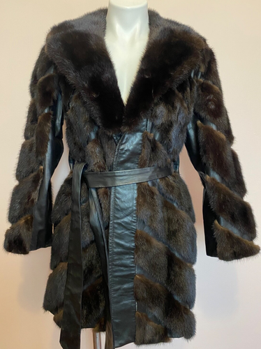 GORGEOUS ⭐️VTG Rosendorf Evans black mink leather Penny Lane Belted coat S/M