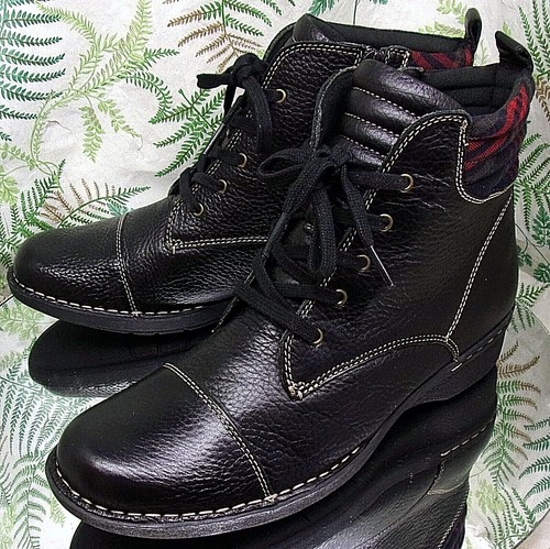 BLACK LEATHER ANKLE BOOTS SHOES HEELS 