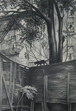 Backyard Etching Art Print – Mabel Dwight 1938 – WPA Urban Scene with Cat