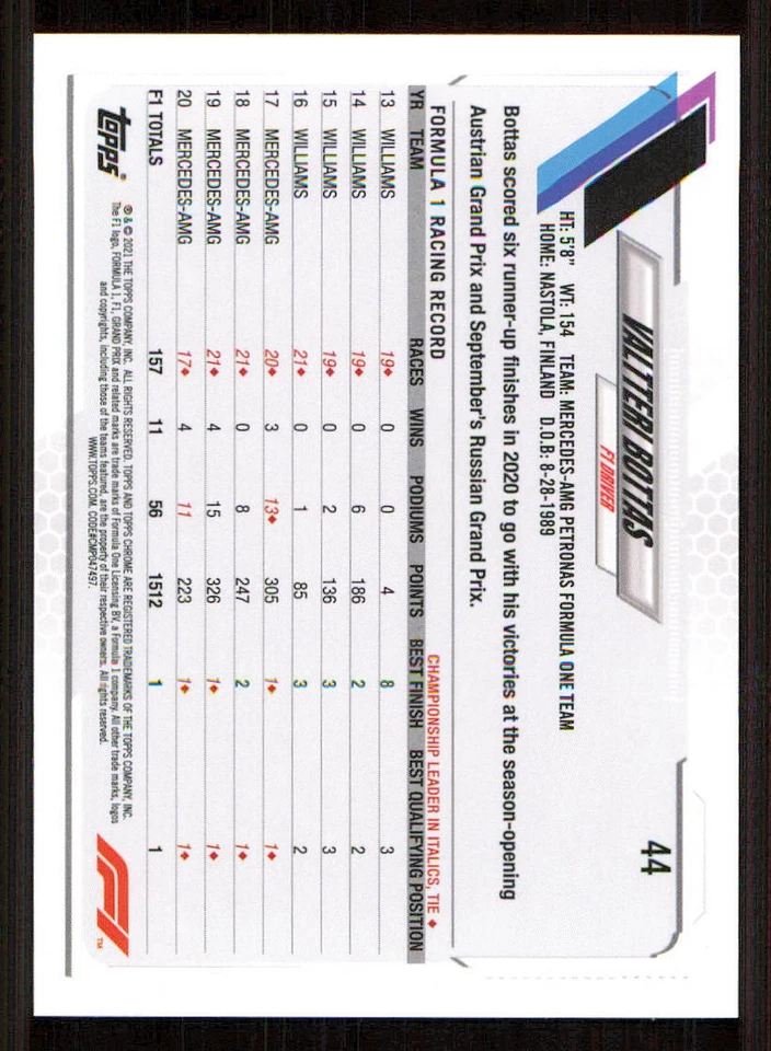 2021 Topps Chrome Formula 1 #44 Valtteri Bottas - Image 2 of 2