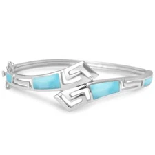  Greek Key Natural Larimar Bangle .925 Sterling Silver Bracelet