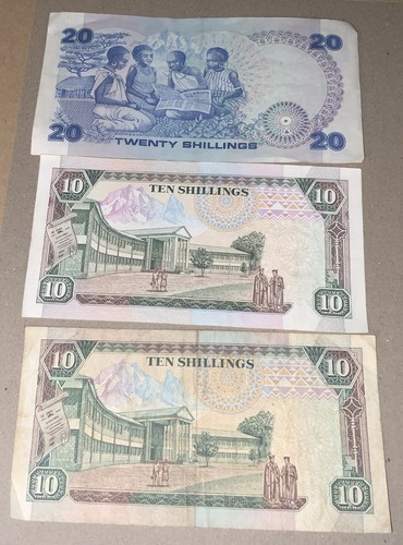 3 billetes de chelines vintage del Banco Central de Kenia 1 x 20 (1984) 2x10 (1989+92) - Imagen 2 de 8