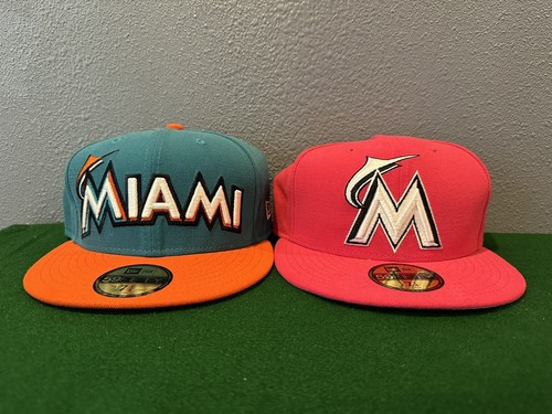 2-New Era 59Fifty Herren Damen MLB Miami Marlins Fitted Mütze 7 1/4 Pink Grün NEU⚾️ - Bild 1 von 7