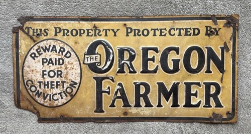 Old Barn Find Vintage Protected By OREGON FARMER Embossed Advertising Tin  Sign