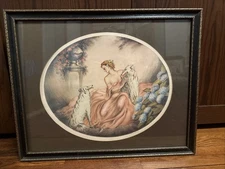 L.C. Renart, French Woman &Russian Wolfhounds 1936 Hand Colored SIGNEDLithograph