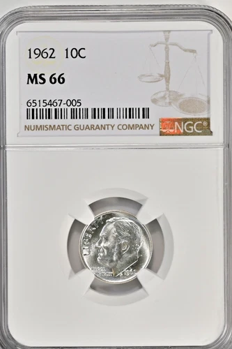 1962 10C Roosevelt Dime Coin NGC MS 66 Bright Shine 5124 Bright White