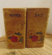 Vtg Large Wooden Fruit Emblem Salt & Pepper Shakers Japan Cork Stoppers