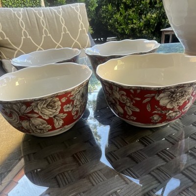 222 Fifth Hawthorne Red Floral Porcelain Cereal Bowls Set of 4 Microwave Safe