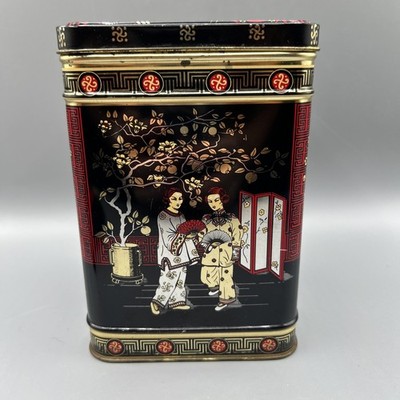 Vintage Tea Tin Japanese Style with Hinged Lid Made in England 5.75 T x 4  x 4 