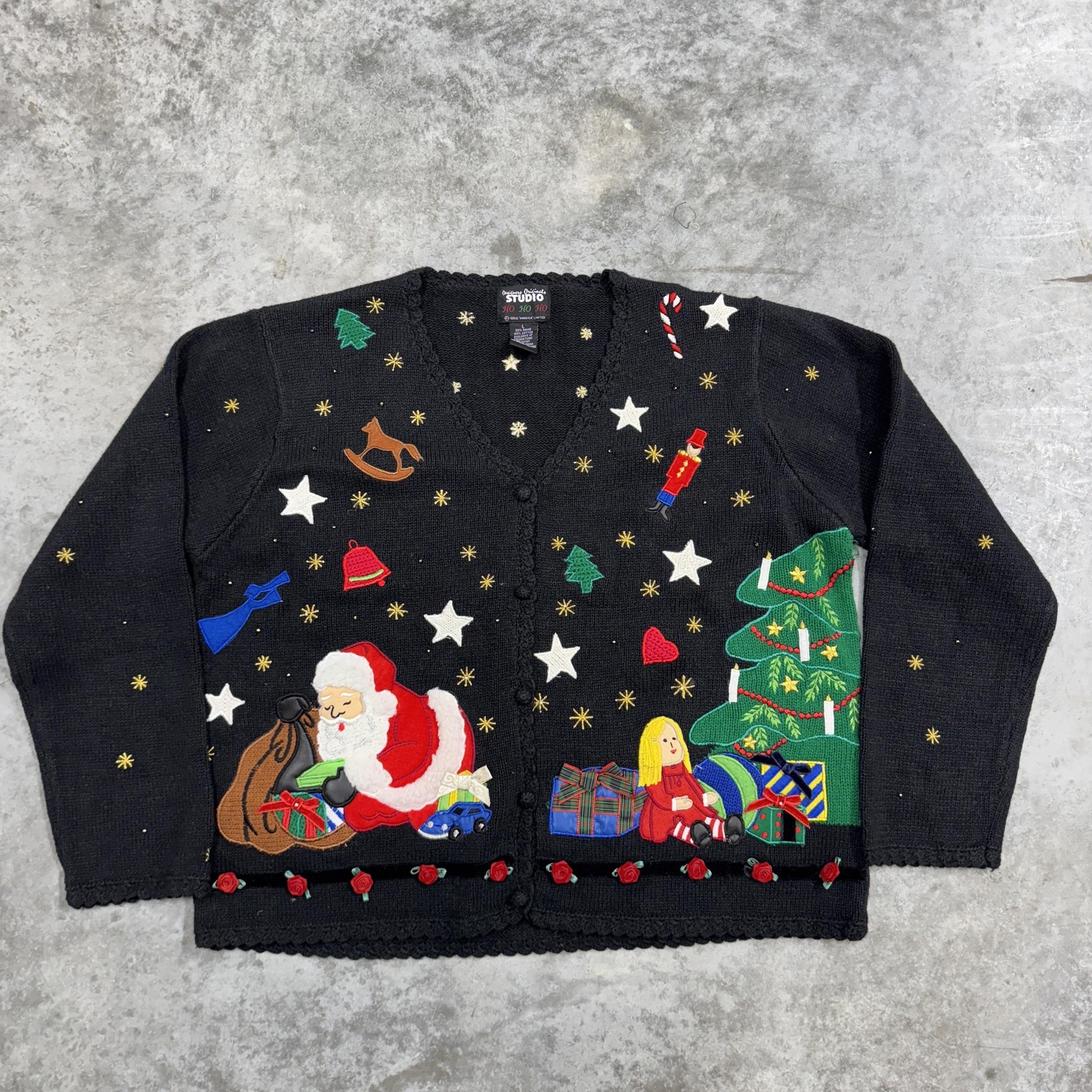 Designers Originals Studio Sweater Womens Large Black Christmas Santa Tree