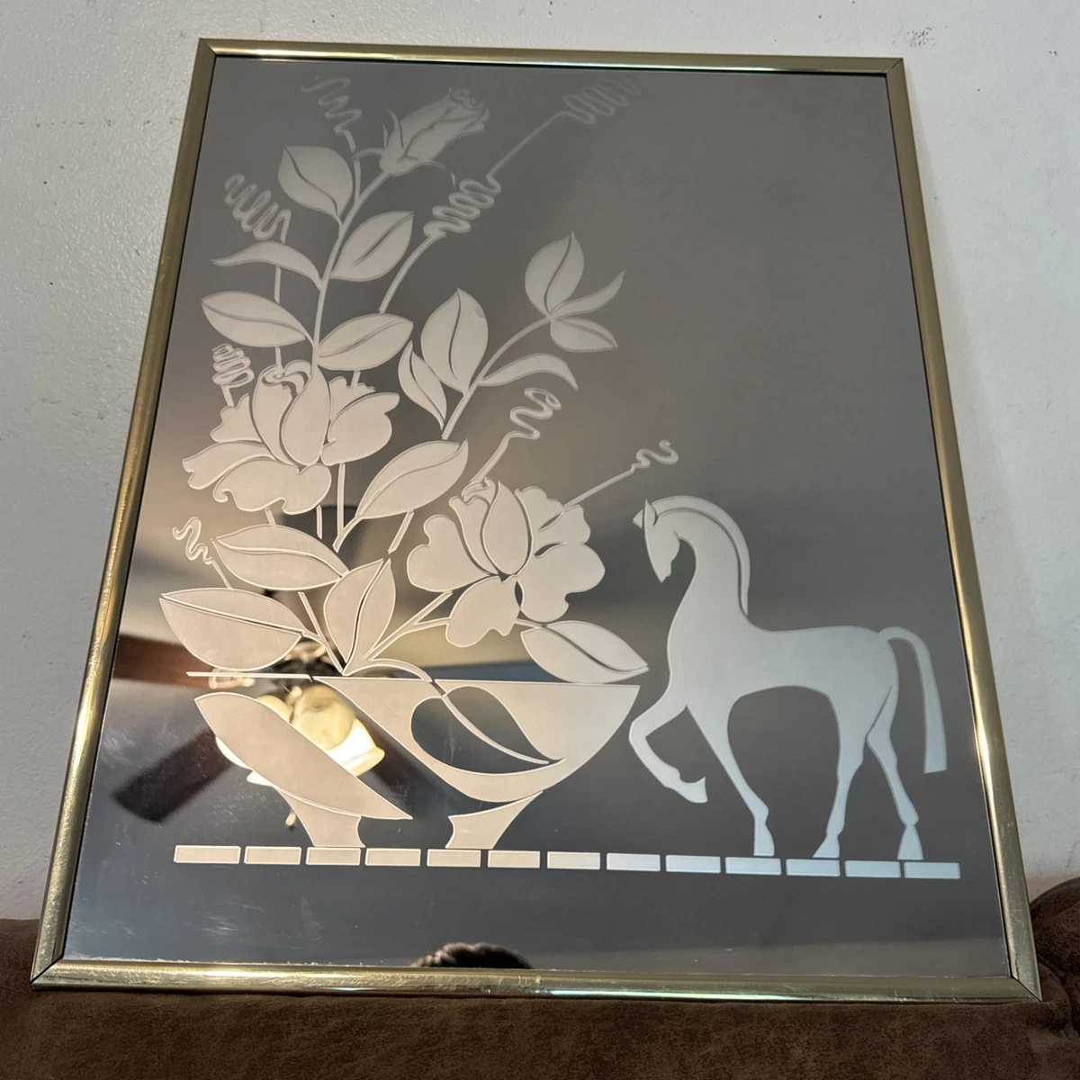 Vtg Etched Mirror Wall Art Horse, Floral Vase Gold Frame Hollywood Regency 16x20
