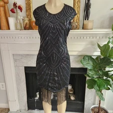 Babeyond Black Sequin Dress Beaded Retro Fringe Flapper Evening Size Medium