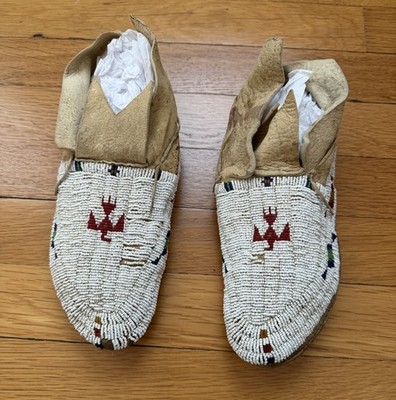 Antique Native American Plains Beaded Moccasins Hard Sole Sioux Cheyenne c1900