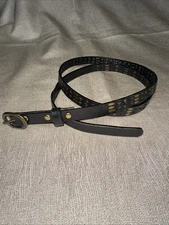 Narrow Black SKINNY Faux Leather BELT Brass Studs BUCKLE  Women's  Size Large