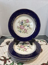 Steubenville China Cobalt Blue & Gold Rimmed Floral Dinner Plate