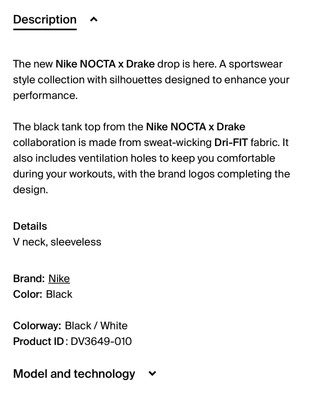 DV3649-010 Nike NOCTA Dri-FIT Jersey Tank Top x Drake - Black XS