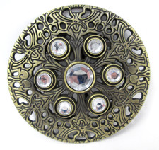 Womens Belt Buckle Boho Hippy Open Filigree Brass Tone Rhinestones Cowgirl