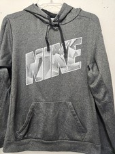 NIKE Womens SMALL Grey Hoody Sweatshirt LOGO pouch Pocket Therma Fit Pullover LS