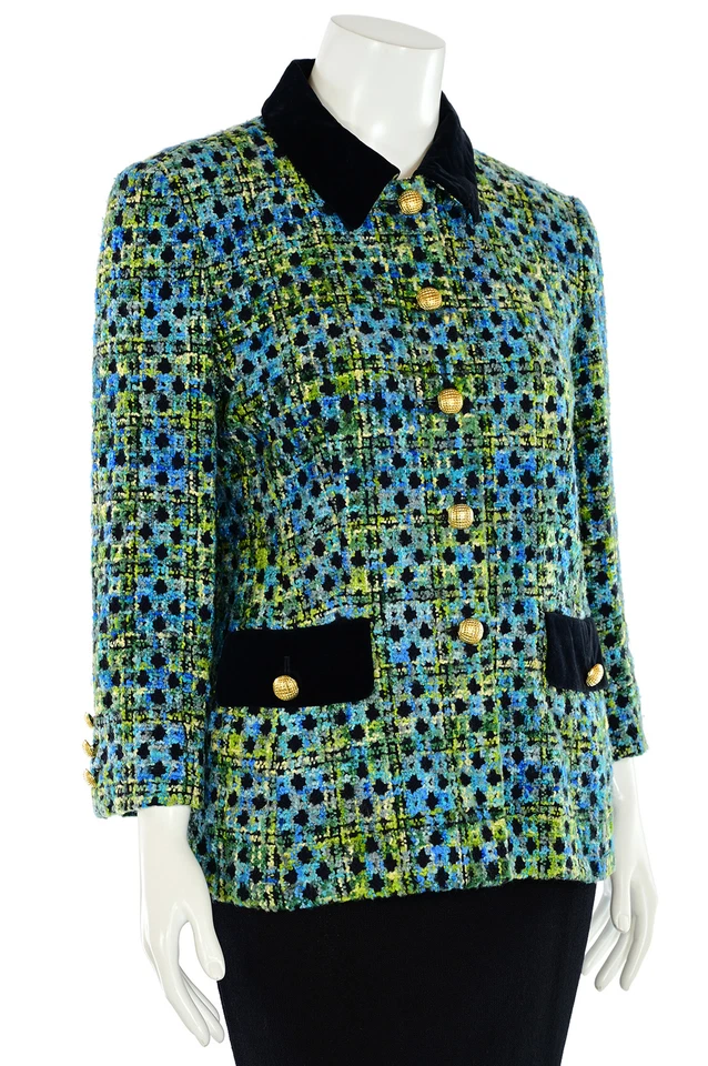 Jaqueta Boucle ESCADA Vintage tamanho 44/14 Aqua/Verde Multi Check - COMO ESTÁ - Imagem 4 de 4
