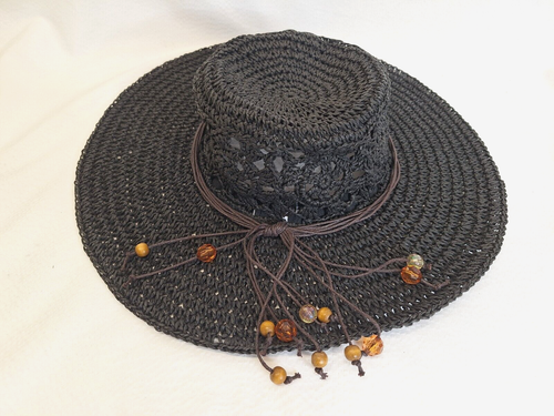 SUN N SAND Women's Dark Brown Sun Floppy Wide Brim Beaded Band Hat - Picture 4 of 6