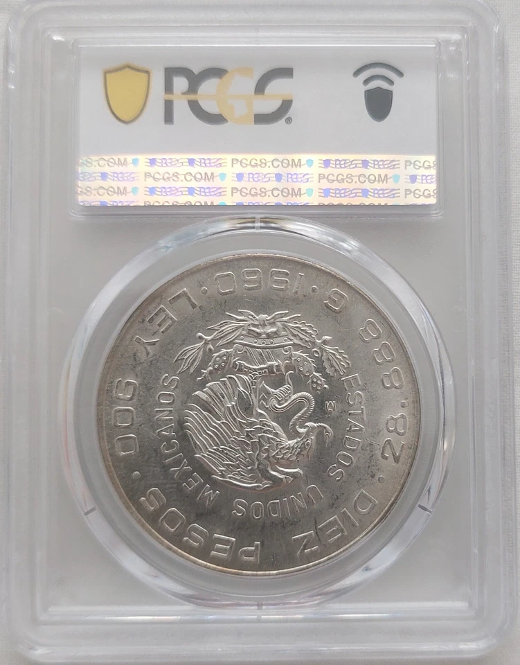 MONEDA DE 10 PESOS PLATA MÉXICO UNC AÑO 1960 KM#476 150 ANIVERSARIO PCGS MS63 Foto 3 de 3