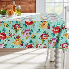 Pioneer Woman Sweet Romance Fabric Floral Tablecloth 52"Wx70"L Cotton Green