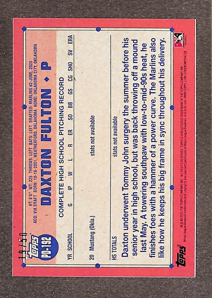 2021 Topps Pro Debut #PD-192 Daxton Fulton Draft Pick Gold /50 - Image 2 of 3