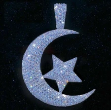 14k White Gold Plated 2.60 Ct Simulated Diamond Crescent Moon Star Shape Pendant