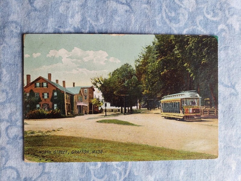 Vintage Postcard, North Street, GRAFTON MASS MA trolley town common posted 1907