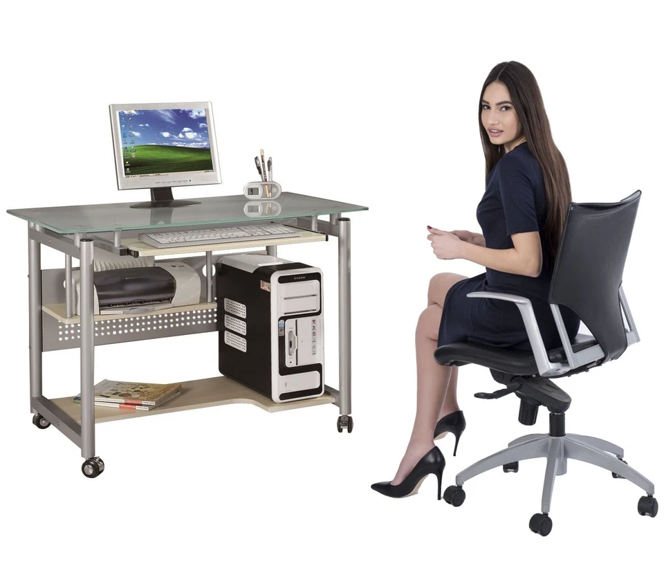 TAVOLO SCRIVANIA DESIGN Postazione UFFICIO Vetro Con RUOTE Computer PC Mod WHEEL - Immagine 3 di 4