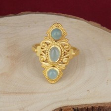 Yellow Gold Plated 925 Silver Aqua Chalcedony Bohemian Design Ring Jewelry