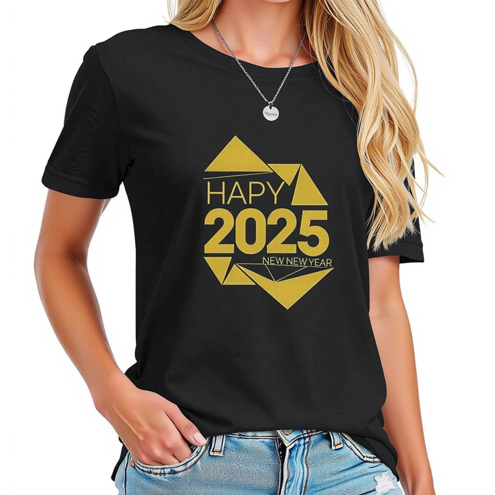 Black Short-Sleeved T-Shirt with Gold Geometric 'HAPPY 2025' Design