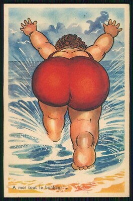 AK - joke on the beach fat woman head jump in the water - A moi tout le bonheur!