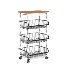 4/5 Tier Rolling Storage Cart with Wooden Top Metal Wire Basket Organizer Cart