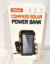 Solar Power Bank W Flashlight Compass Phone Charger Battery Indicator Orange NIB