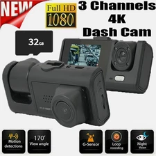 Dash Cam 4K Full UHD 1080P Car Camera Front Rear Night Vision W/32GB 3 Channels