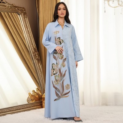 Dubai Sequin Abaya Muslim Women Embroidered Long Dress Kaftan Robe Gown Eid Maxi